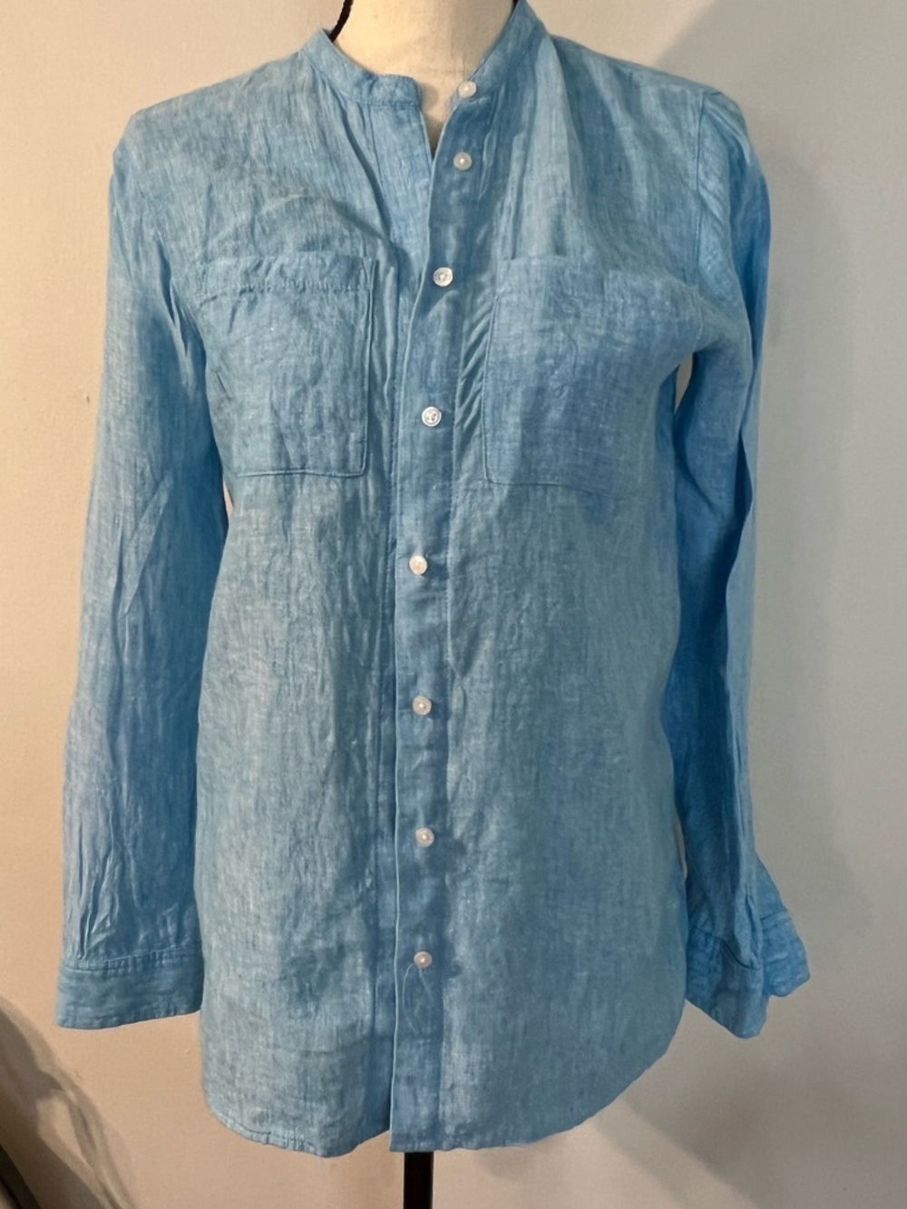 Lands' End Sky Blue Linen Band-Collar Button-Down Shirt